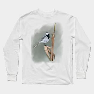 Pied Wagtail Soft Pastel Drawing on Grey Long Sleeve T-Shirt